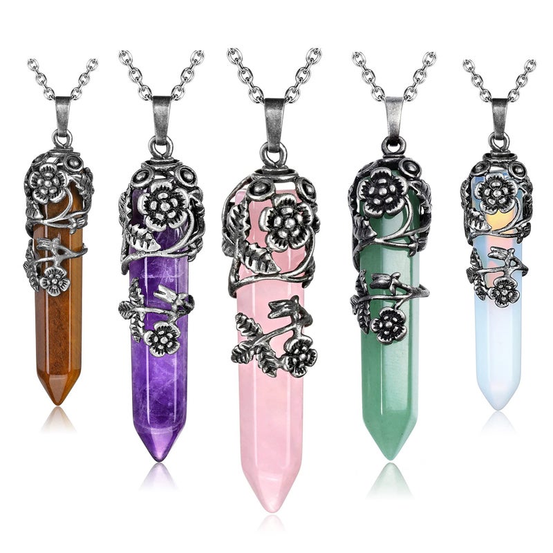Top Plaza Antique Silver Flower Wrapped Natural Quartz Gemstone Healing Crystal Necklace 5pcs/Set - Image 1